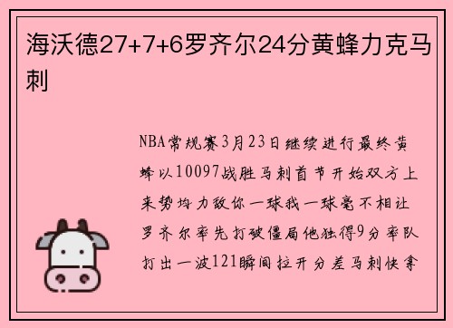 海沃德27+7+6罗齐尔24分黄蜂力克马刺