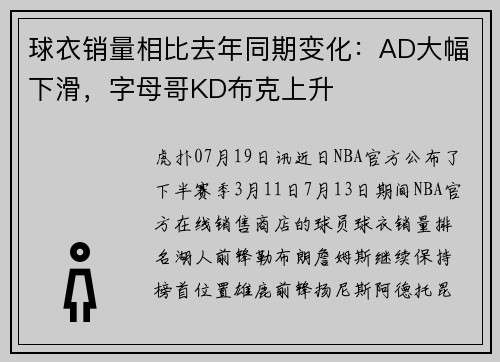 球衣销量相比去年同期变化：AD大幅下滑，字母哥KD布克上升