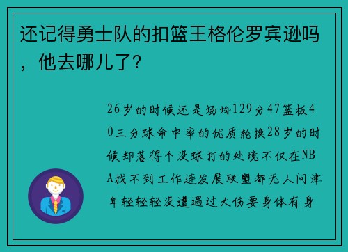 还记得勇士队的扣篮王格伦罗宾逊吗，他去哪儿了？